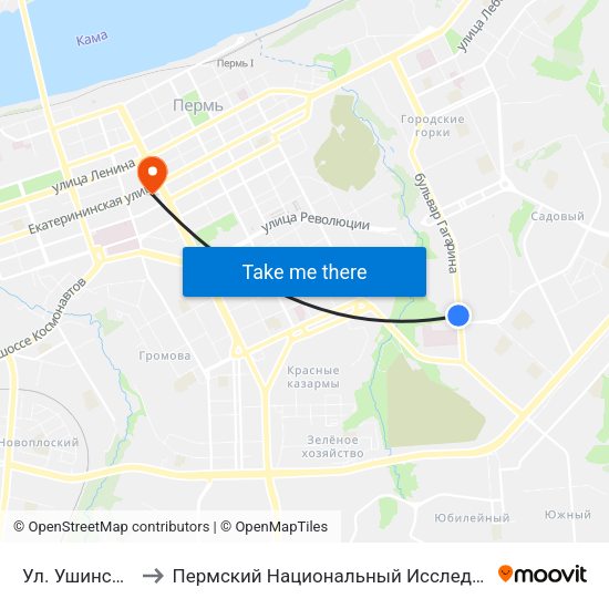 Ул. Ушинского (Б.Гагарина) to Пермский Национальный Исследовательский Политехнический Университет map