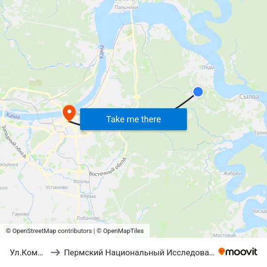 Ул.Комсомольская to Пермский Национальный Исследовательский Политехнический Университет map