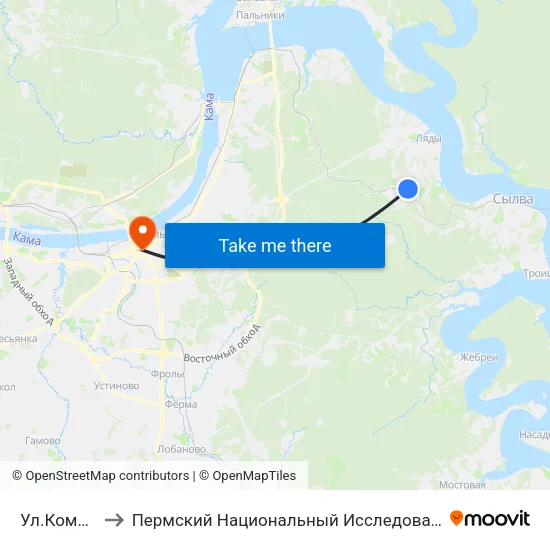 Ул.Комсомольская to Пермский Национальный Исследовательский Политехнический Университет map