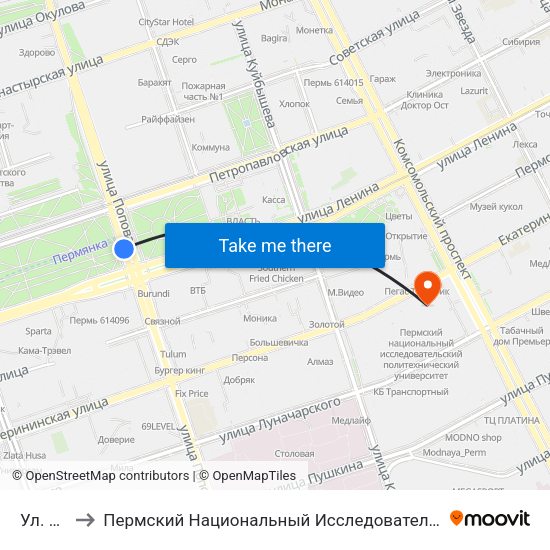 Ул. Попова to Пермский Национальный Исследовательский Политехнический Университет map