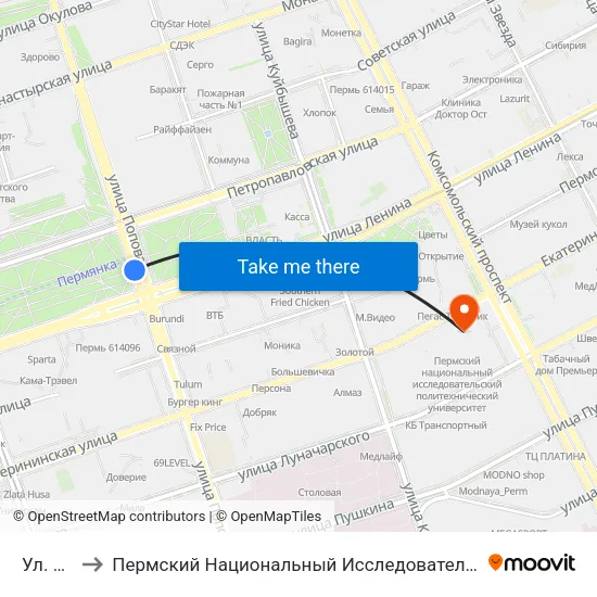 Ул. Попова to Пермский Национальный Исследовательский Политехнический Университет map