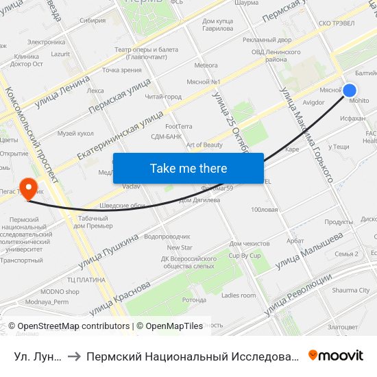 Ул. Луначарского to Пермский Национальный Исследовательский Политехнический Университет map