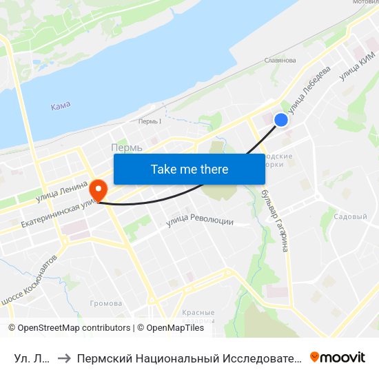 Ул. Лебедева to Пермский Национальный Исследовательский Политехнический Университет map