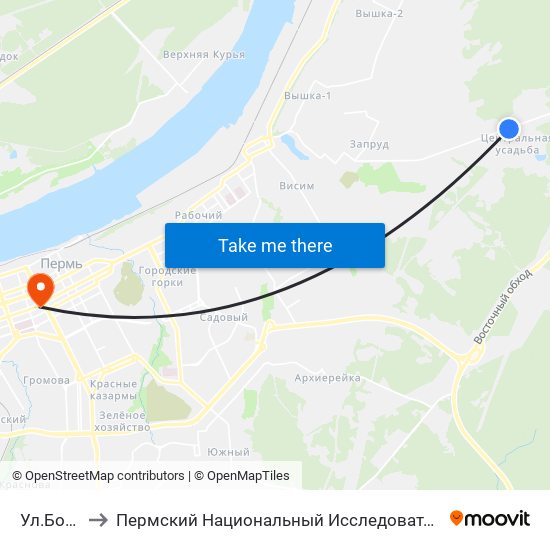 Ул.Бобруйская to Пермский Национальный Исследовательский Политехнический Университет map
