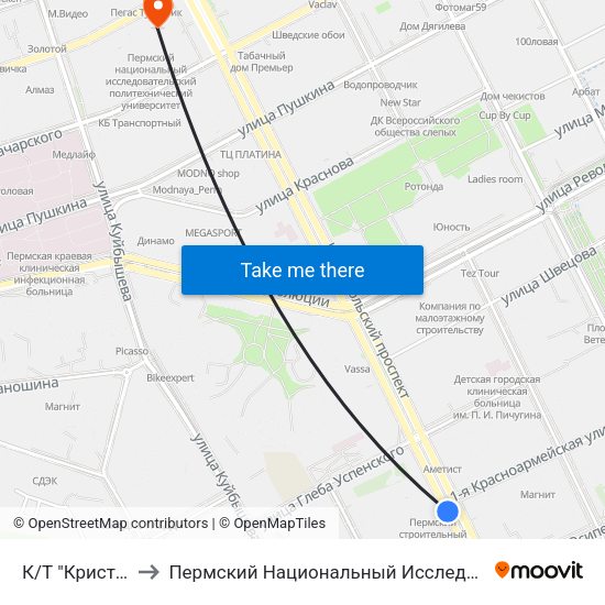 К/Т "Кристалл" (Автобусы) to Пермский Национальный Исследовательский Политехнический Университет map