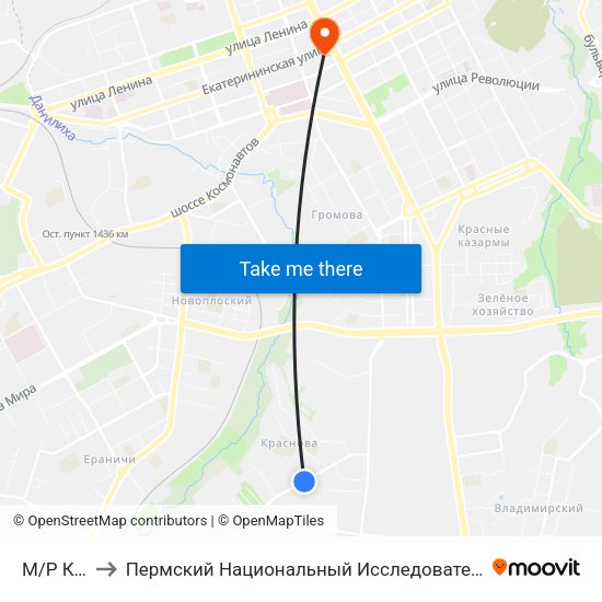 М/Р Краснова to Пермский Национальный Исследовательский Политехнический Университет map