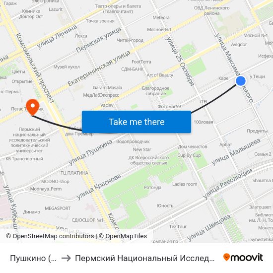 Пушкино (М.Горького Тм) to Пермский Национальный Исследовательский Политехнический Университет map