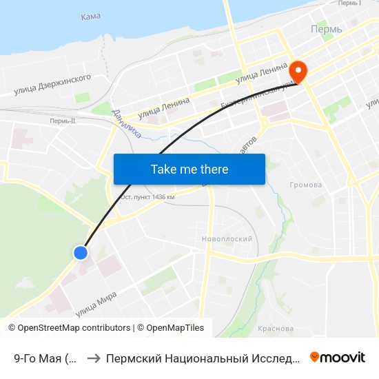 9-Го Мая (Ш.Космонавтов) to Пермский Национальный Исследовательский Политехнический Университет map