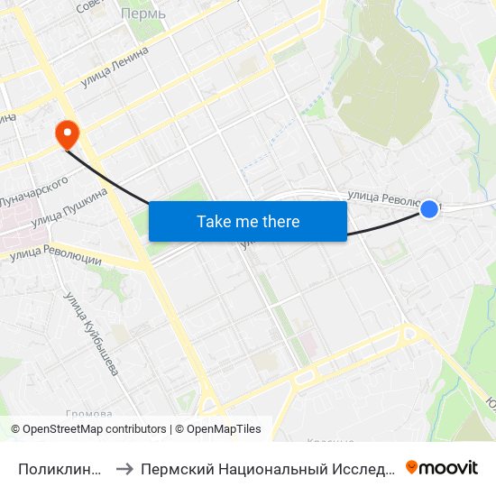 Поликлиника Им. Пичугина to Пермский Национальный Исследовательский Политехнический Университет map