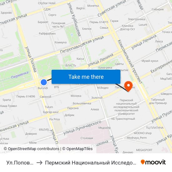 Ул.Попова (По Ленина) to Пермский Национальный Исследовательский Политехнический Университет map