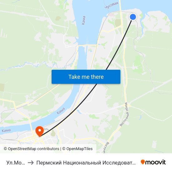 Ул.Мозырская to Пермский Национальный Исследовательский Политехнический Университет map