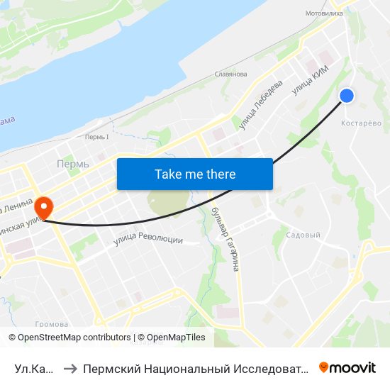 Ул.Каспийская to Пермский Национальный Исследовательский Политехнический Университет map
