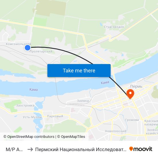 М/Р Акуловский to Пермский Национальный Исследовательский Политехнический Университет map