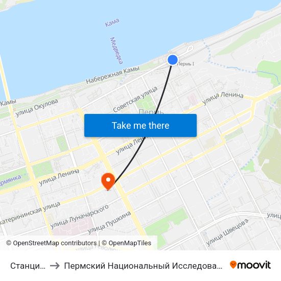 Станция Пермь-1 to Пермский Национальный Исследовательский Политехнический Университет map