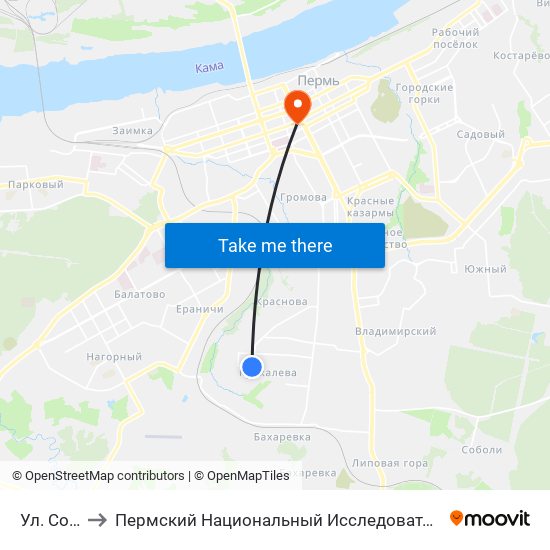 Ул. Солдатова to Пермский Национальный Исследовательский Политехнический Университет map