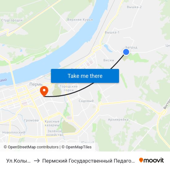 Ул.Колыбалова to Пермский Государственный Педагогический Университет map