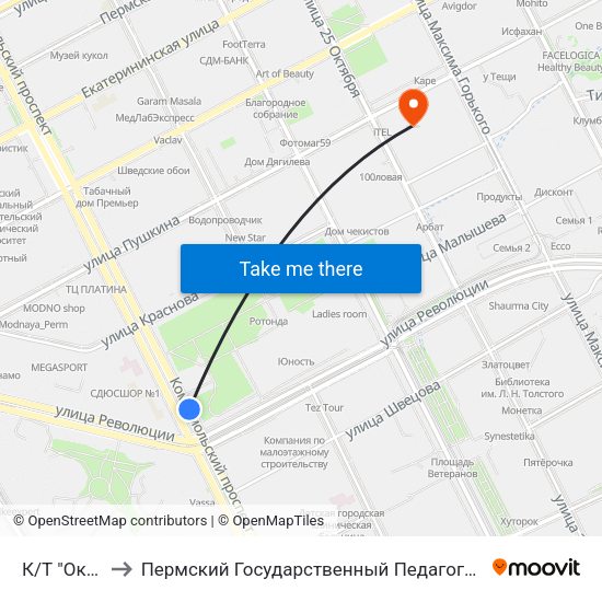 К/Т "Октябрь" to Пермский Государственный Педагогический Университет map