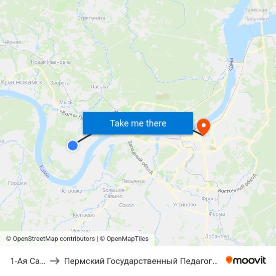 1-Ая Садовая to Пермский Государственный Педагогический Университет map