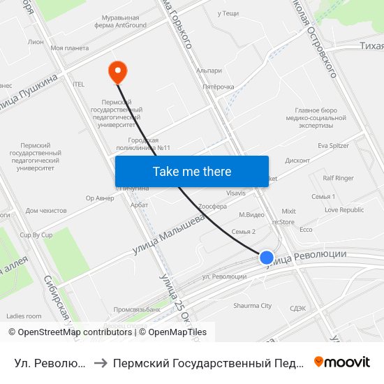 Ул. Революции (Тм)Тр to Пермский Государственный Педагогический Университет map