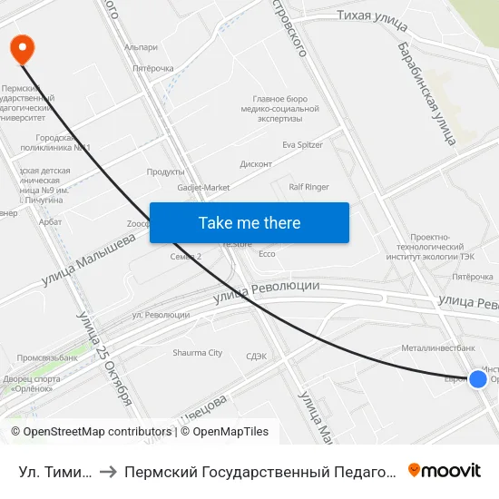 Ул. Тимирязева to Пермский Государственный Педагогический Университет map