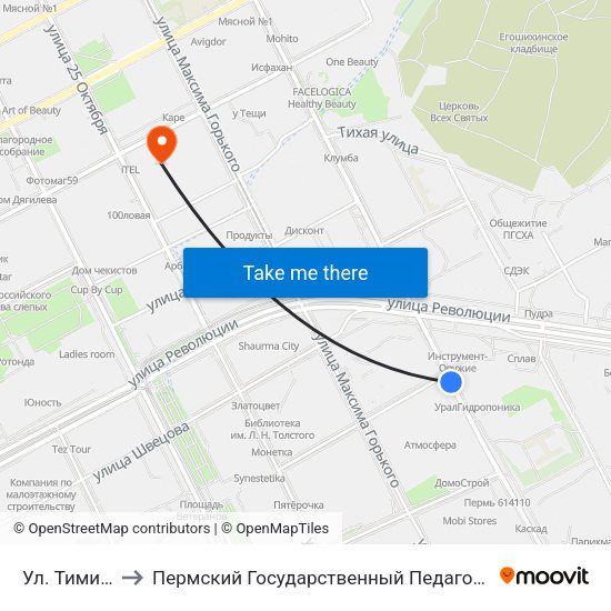 Ул. Тимирязева to Пермский Государственный Педагогический Университет map