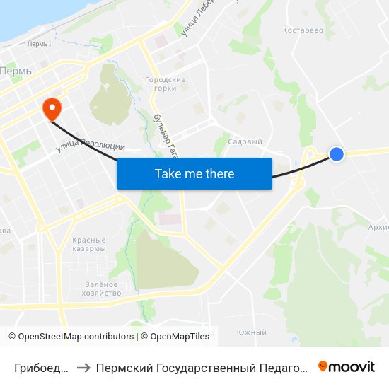 Грибоедовский to Пермский Государственный Педагогический Университет map
