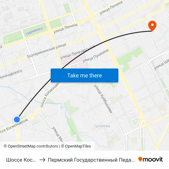 Шоссе Космонавтов to Пермский Государственный Педагогический Университет map