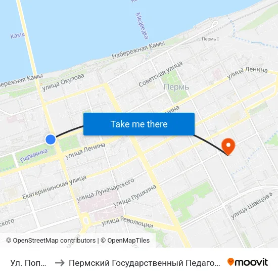 Ул. Попова (Тр) to Пермский Государственный Педагогический Университет map