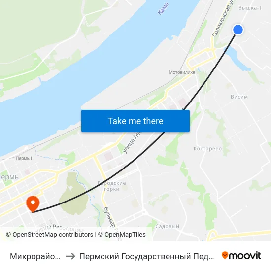 Микрорайон Вышка-1 to Пермский Государственный Педагогический Университет map
