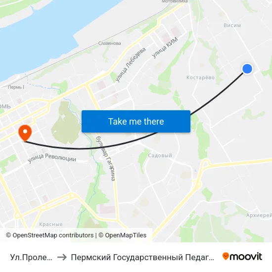 Ул.Пролетарская to Пермский Государственный Педагогический Университет map