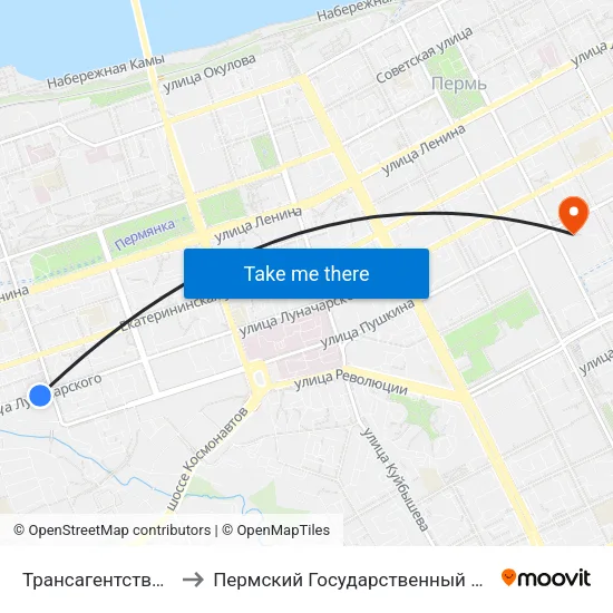 Трансагентство (Луначарского) to Пермский Государственный Педагогический Университет map