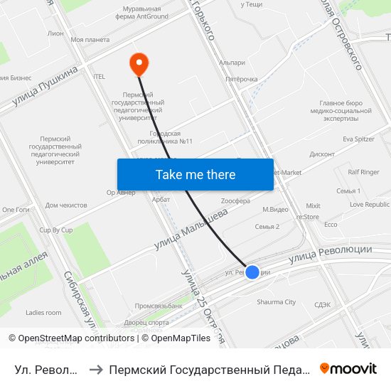 Ул. Революции (Тм) to Пермский Государственный Педагогический Университет map