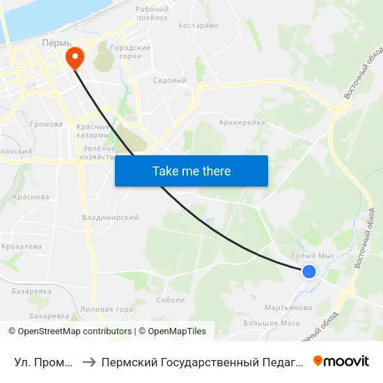 Ул. Промысловая to Пермский Государственный Педагогический Университет map