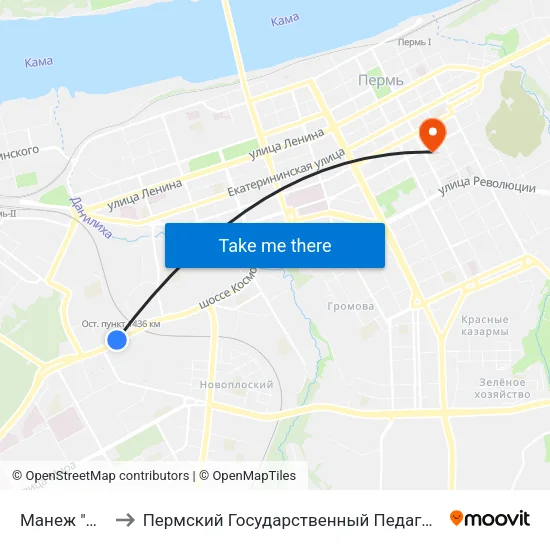 Манеж "Спартак" to Пермский Государственный Педагогический Университет map