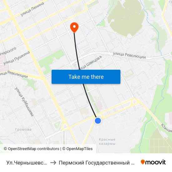 Ул.Чернышевского (Гарнизон) to Пермский Государственный Педагогический Университет map