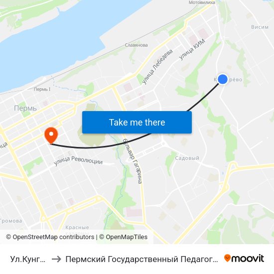 Ул.Кунгурская to Пермский Государственный Педагогический Университет map