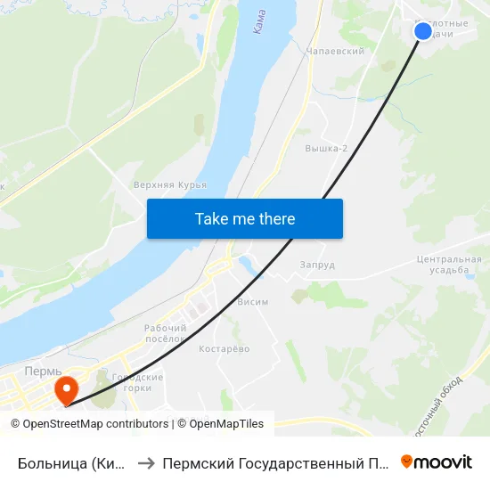 Больница (Кислотные Дачи) to Пермский Государственный Педагогический Университет map