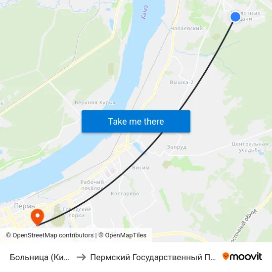 Больница (Кислотные Дачи) to Пермский Государственный Педагогический Университет map