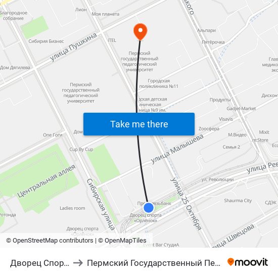 Дворец Спорта"Орленок" to Пермский Государственный Педагогический Университет map
