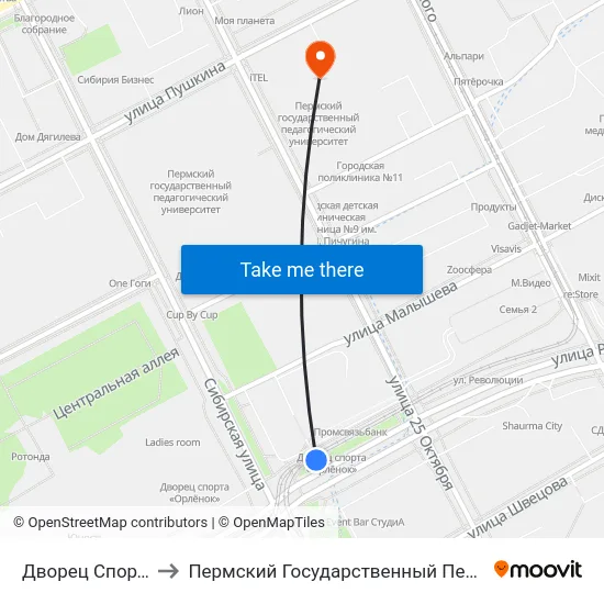 Дворец Спорта"Орленок" to Пермский Государственный Педагогический Университет map