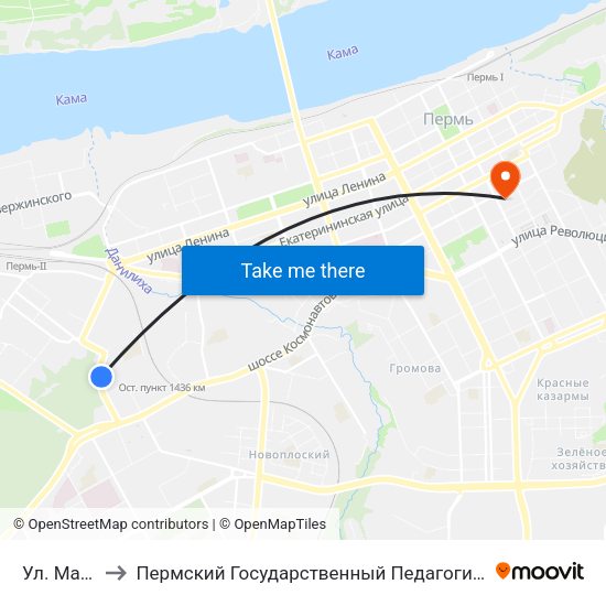 Ул. Малкова to Пермский Государственный Педагогический Университет map