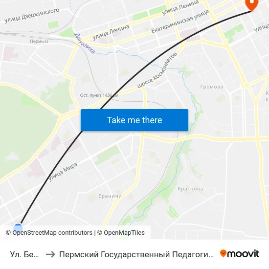 Ул. Беляева to Пермский Государственный Педагогический Университет map