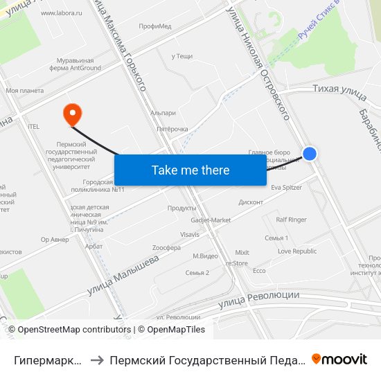 Гипермаркет "Семья" to Пермский Государственный Педагогический Университет map