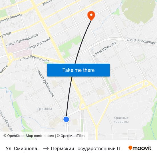 Ул. Смирнова (Куйбышева) to Пермский Государственный Педагогический Университет map