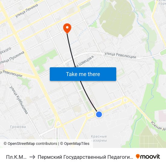 Пл.К.Маркса to Пермский Государственный Педагогический Университет map