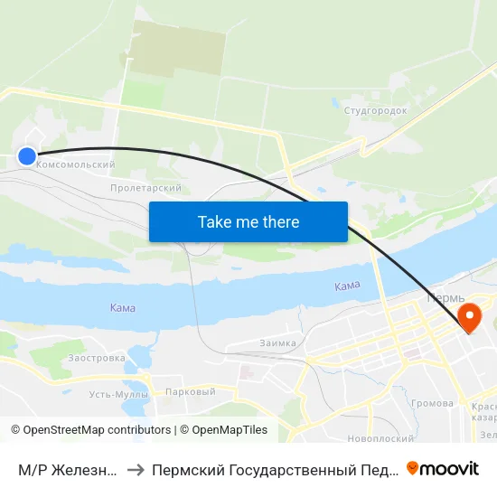 М/Р Железнодорожный to Пермский Государственный Педагогический Университет map