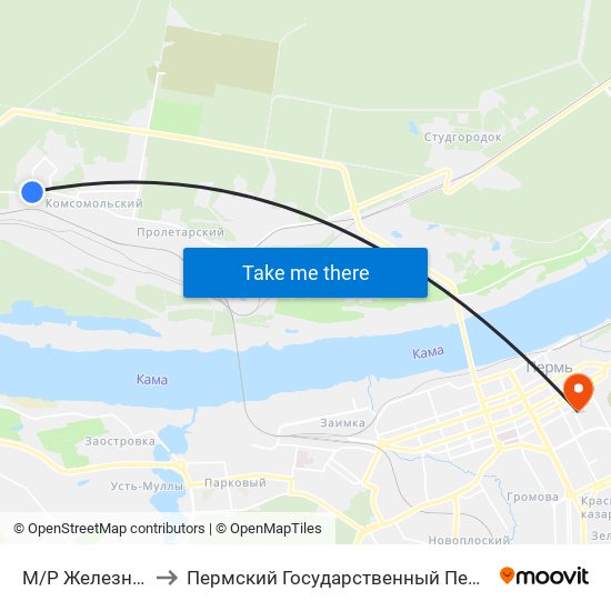 М/Р Железнодорожный to Пермский Государственный Педагогический Университет map