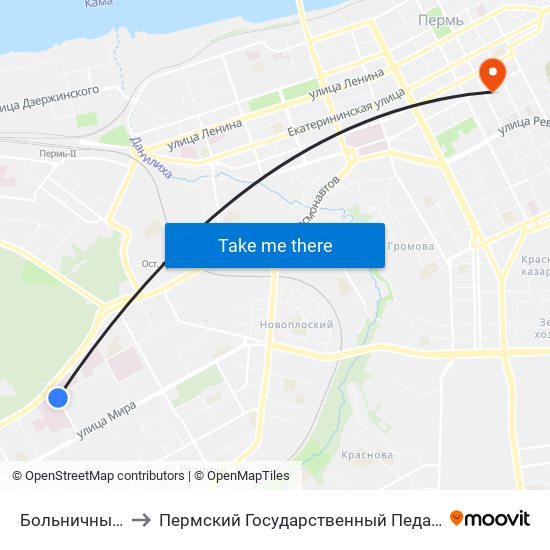 Больничный Городок to Пермский Государственный Педагогический Университет map