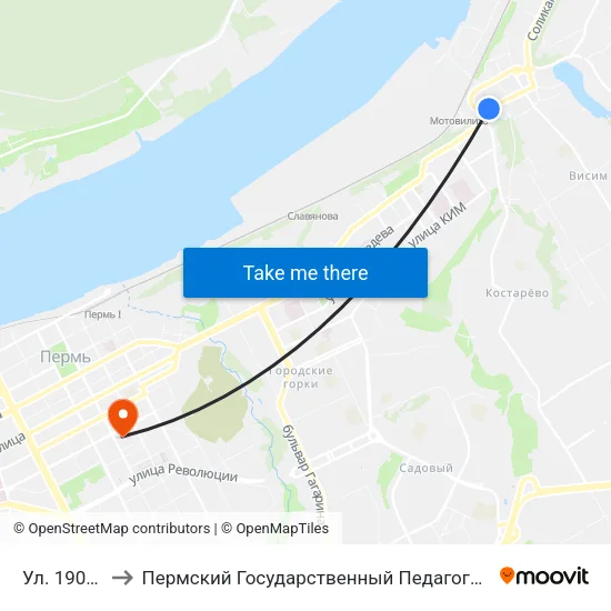 Ул. 1905 Года to Пермский Государственный Педагогический Университет map