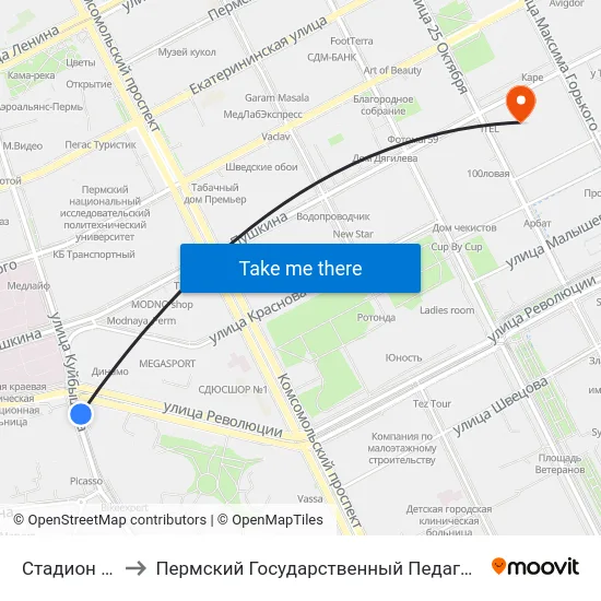 Стадион Динамо to Пермский Государственный Педагогический Университет map